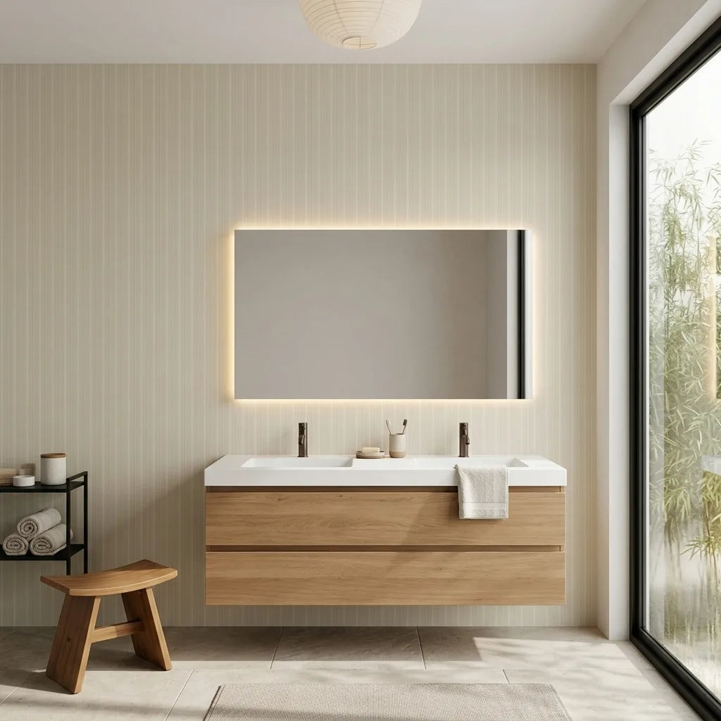 Bathroom - Elkan Stripe wallpaper in Warm Beige by York Wallcoverings creates a stylish, inviting space.