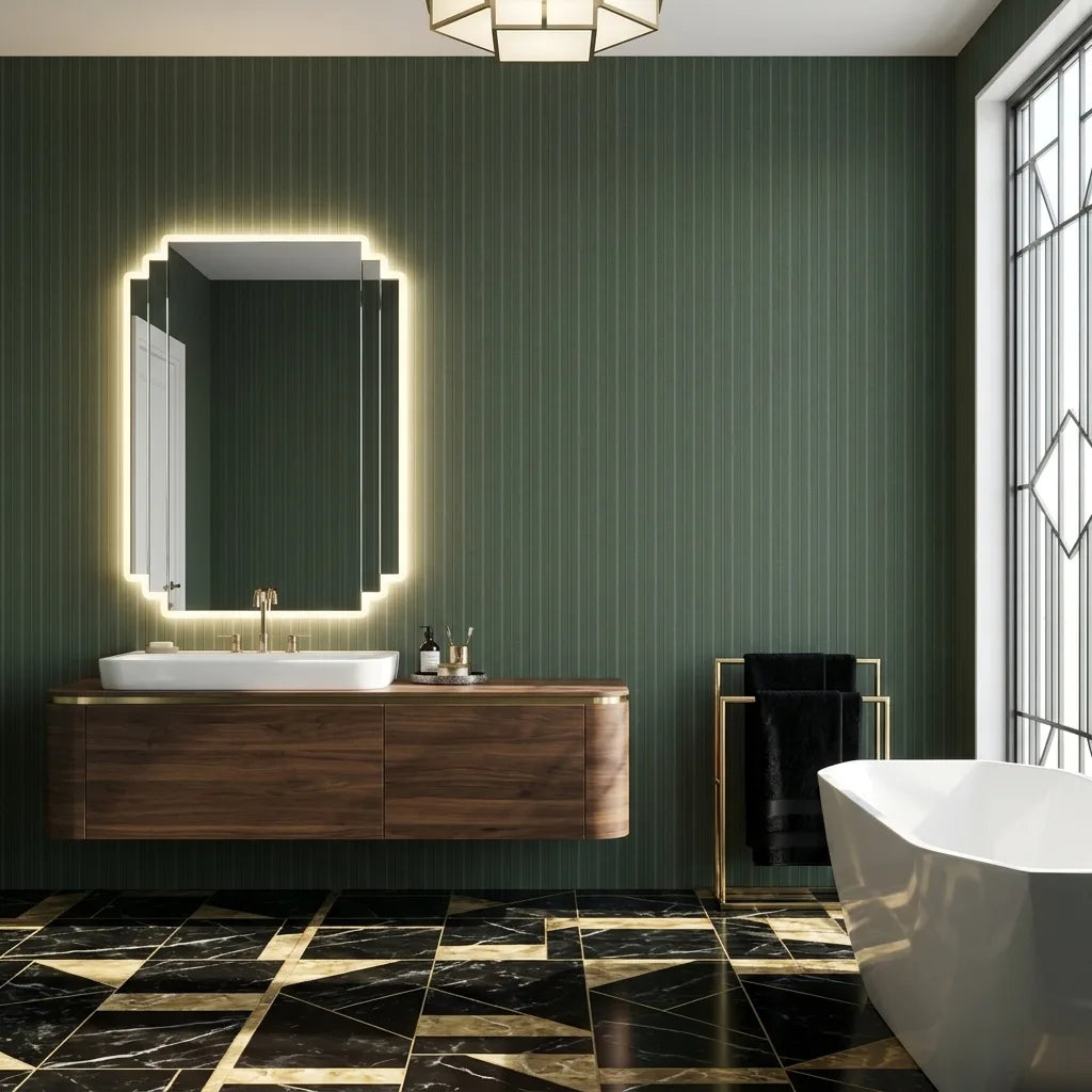Bathroom - Features Elkan Stripe wallpaper in Green and Tan by York Wallcoverings, adding a sophisticated touch.