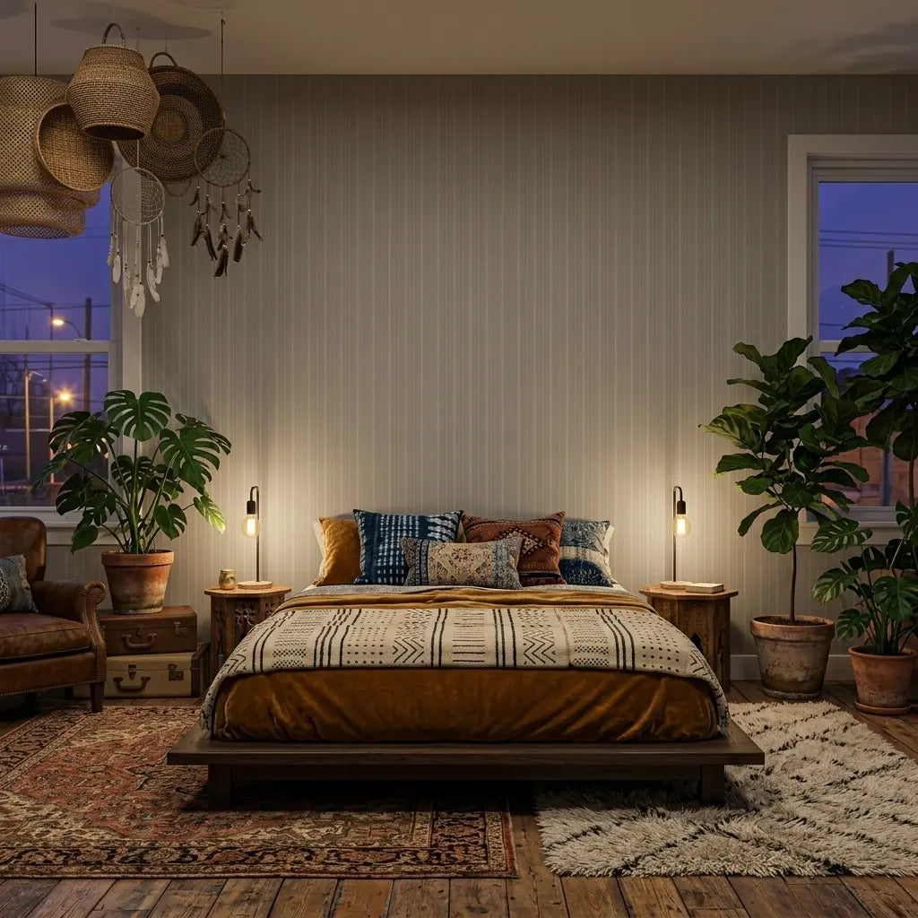 Bedroom - Elegant space featuring Elkan Stripe wallpaper in Greige and Grey by York Wallcoverings, creating a serene and stylish retreat.