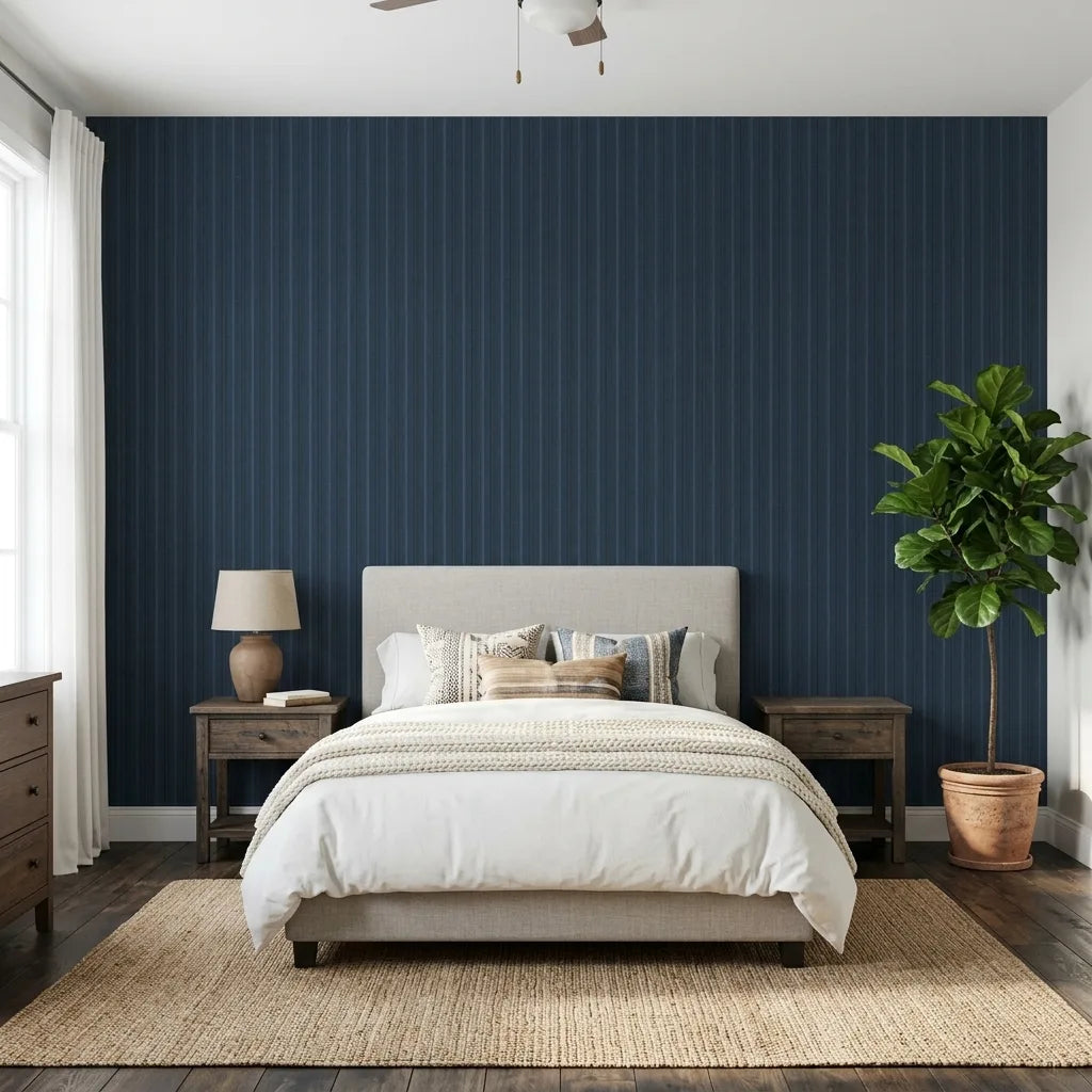 Bedroom - Chic navy blue "Elkan Stripe" wallpaper by York Wallcoverings adds modern style to this elegant bedroom design.