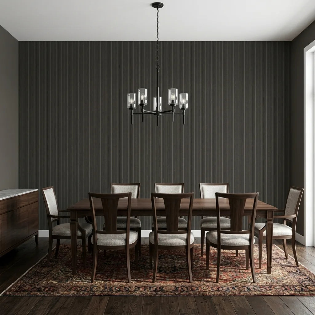 Dining Room - Elegant dining room with Elkan Stripe wallpaper in Charcoal Taupe by York Wallcoverings, creating a sophisticated ambiance.