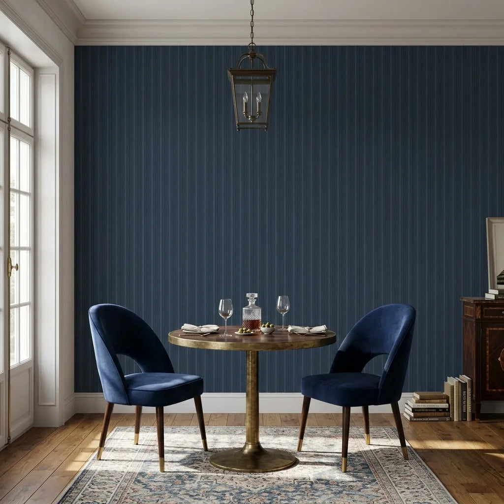 Dining Room - Elegant dining space showcasing the sophisticated Navy Blue 'Elkan Stripe' wallpaper by York Wallcoverings.