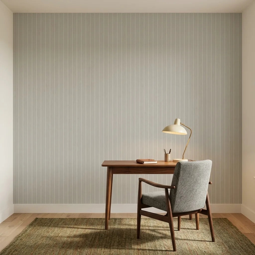 Home Office - Modern workspace with 'Elkan Stripe' wallpaper in Greige and Grey by York Wallcoverings for stylish productivity.