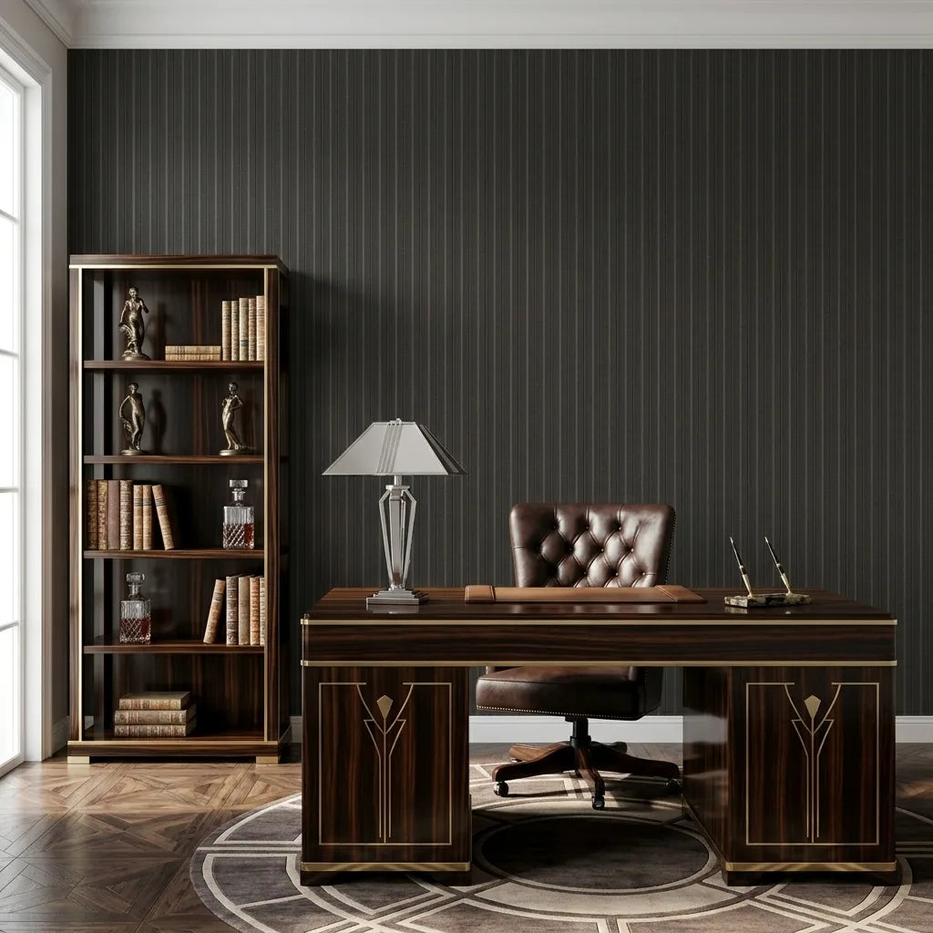 Home Office - Elegant workspace featuring Elkan Stripe wallpaper in Charcoal Taupe by York Wallcoverings for a sophisticated look.