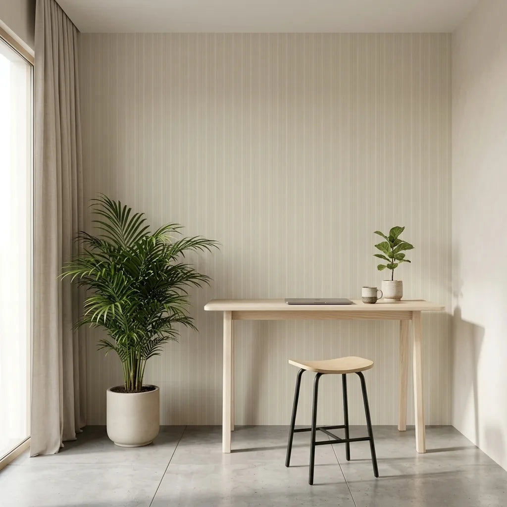Home Office - Serene home office featuring elegant Elkan Stripe wallpaper in Warm Beige by York Wallcoverings for a productive workspace.