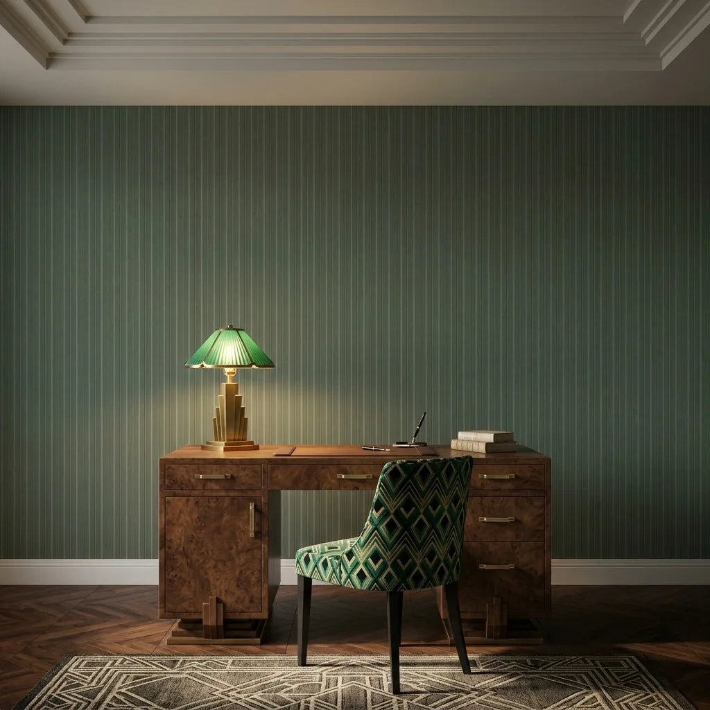 Home Office - Productive space with "Elkan Stripe" wallpaper in Green and Tan by York Wallcoverings.