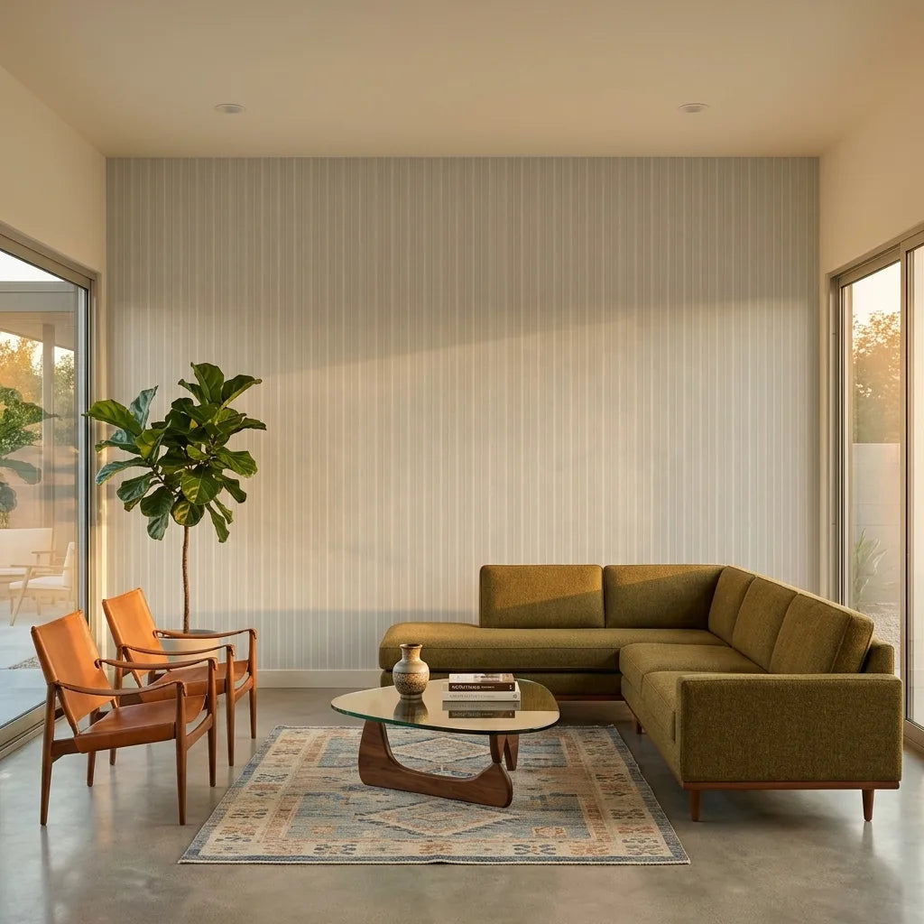 Living Room - Elkan Stripe wallpaper in Greige and Grey by York Wallcoverings creates a modern and elegant space.