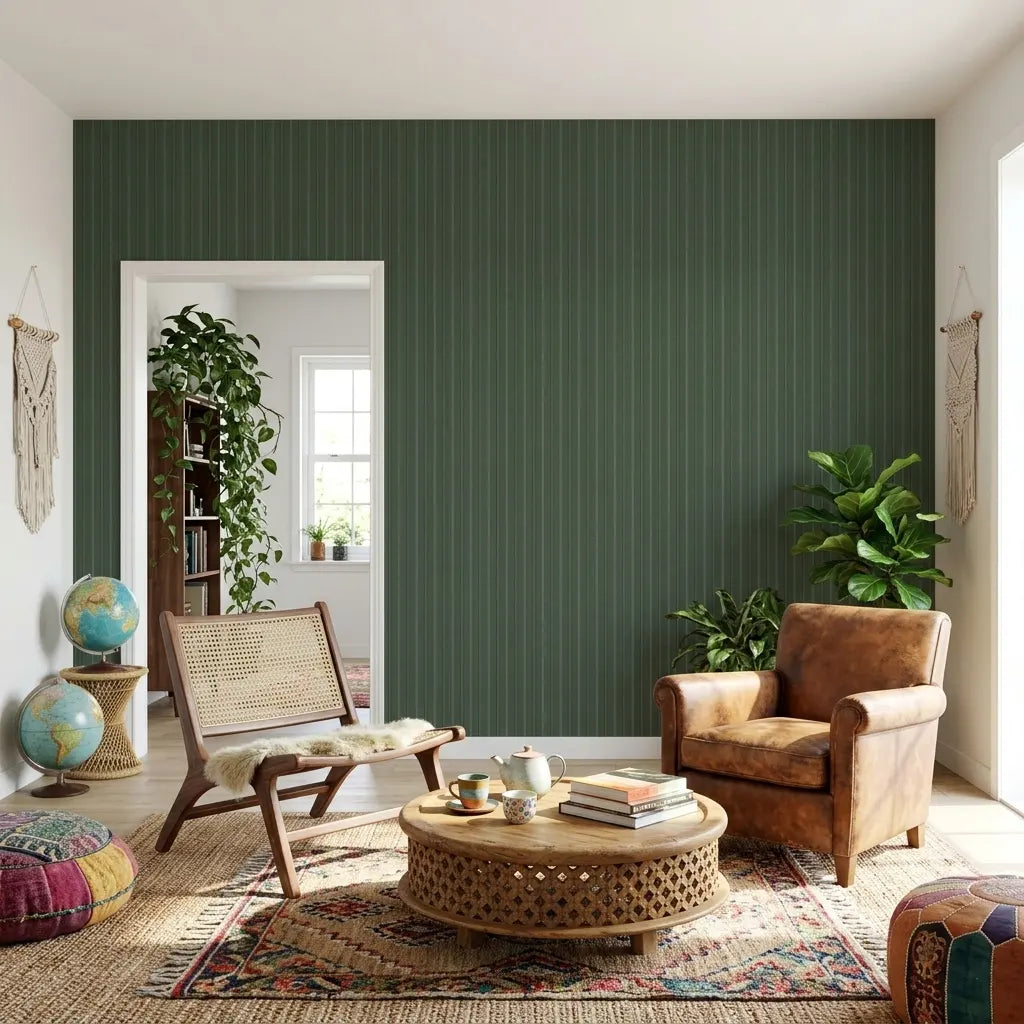 Living Room - Stylish living room featuring Elkan Stripe wallpaper in Green and Tan by York Wallcoverings, creating a vibrant space.