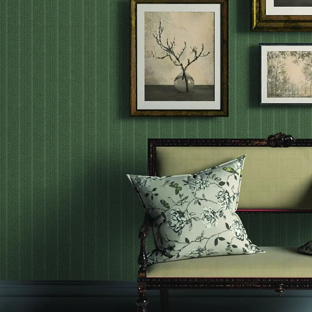 Living room showcasing stylish 'Elkan Stripe' wallpaper in Green and Tan by York Wallcoverings.