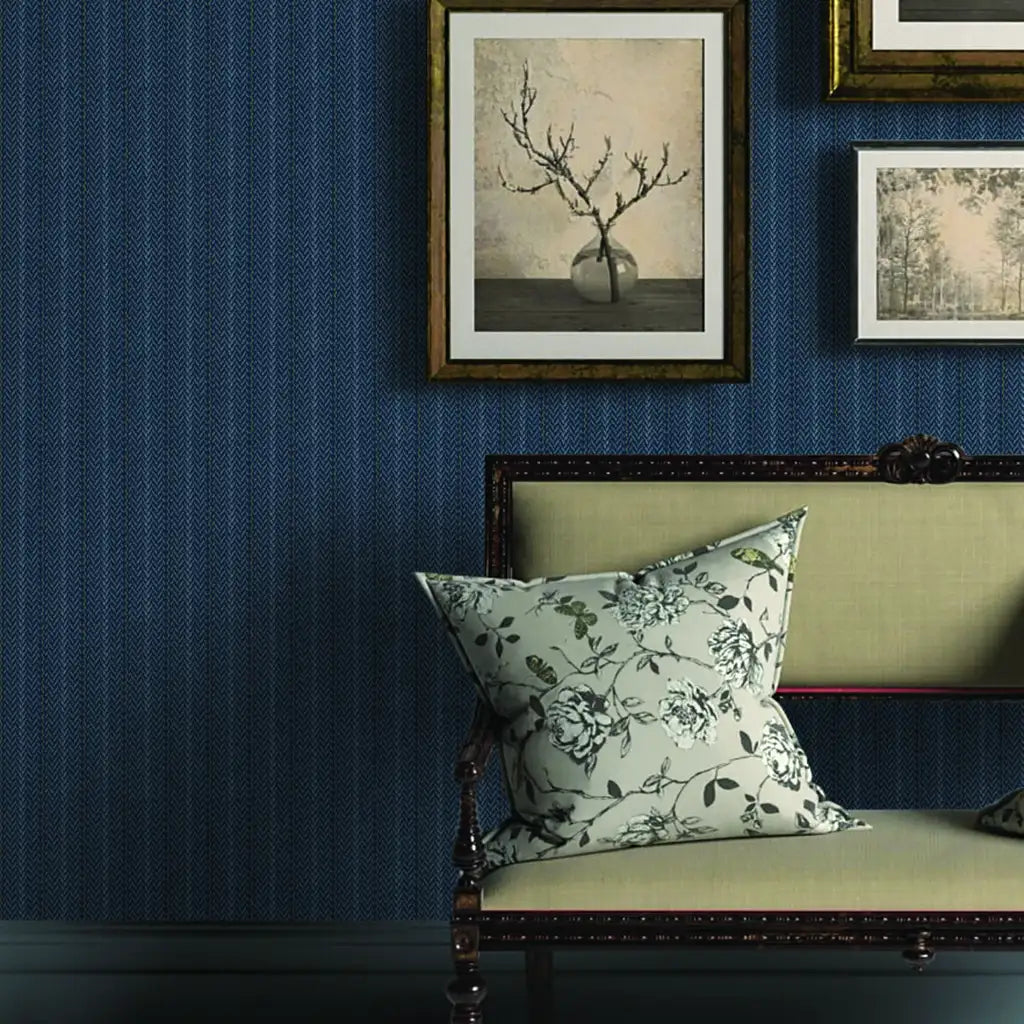 Stylish living room showcases Elkan Stripe Navy Blue wallpaper by York Wallcoverings, adding a sophisticated touch.
