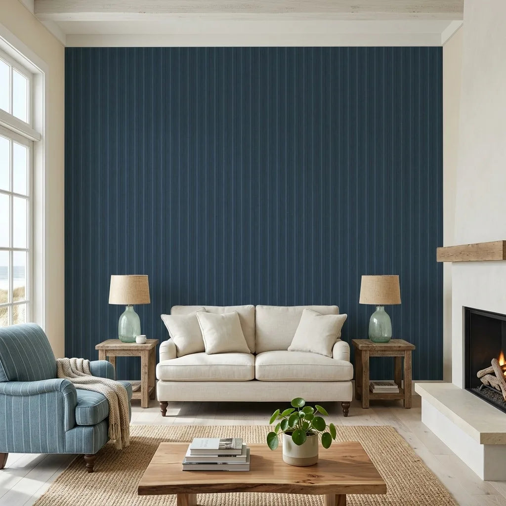 Living Room - Elegant living room showcasing Navy Blue Elkan Stripe wallpaper by York Wallcoverings, adding sophisticated style.