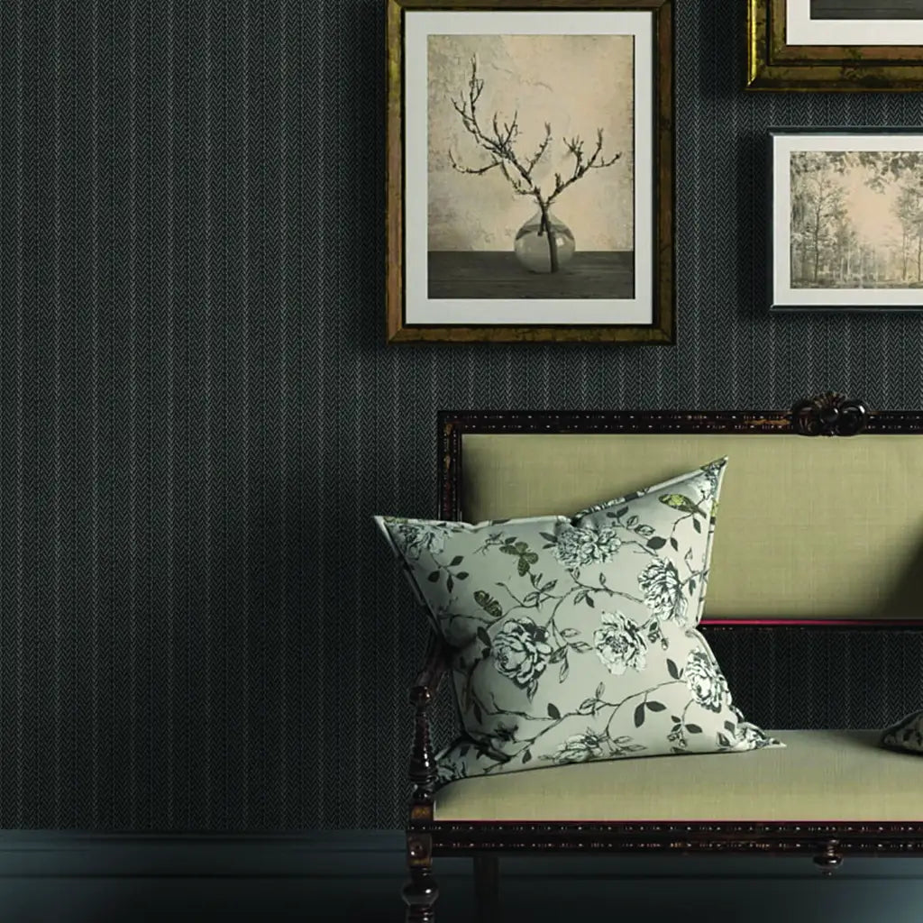 Modern living room featuring Elkan Stripe wallpaper in Charcoal Taupe by York Wallcoverings, adding sophisticated style.