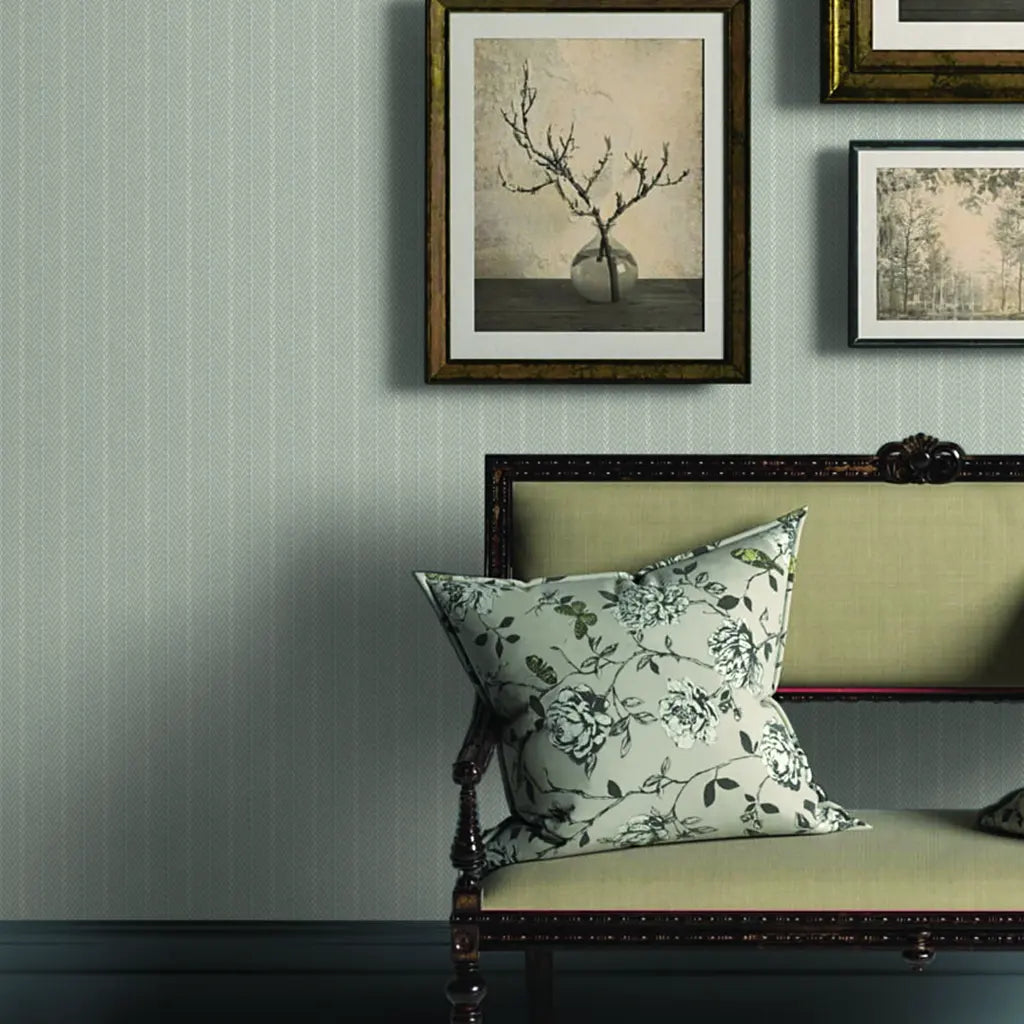 Living room showcasing stylish 'Elkan Stripe' wallpaper in Greige and Grey by York Wallcoverings, enhancing modern decor.