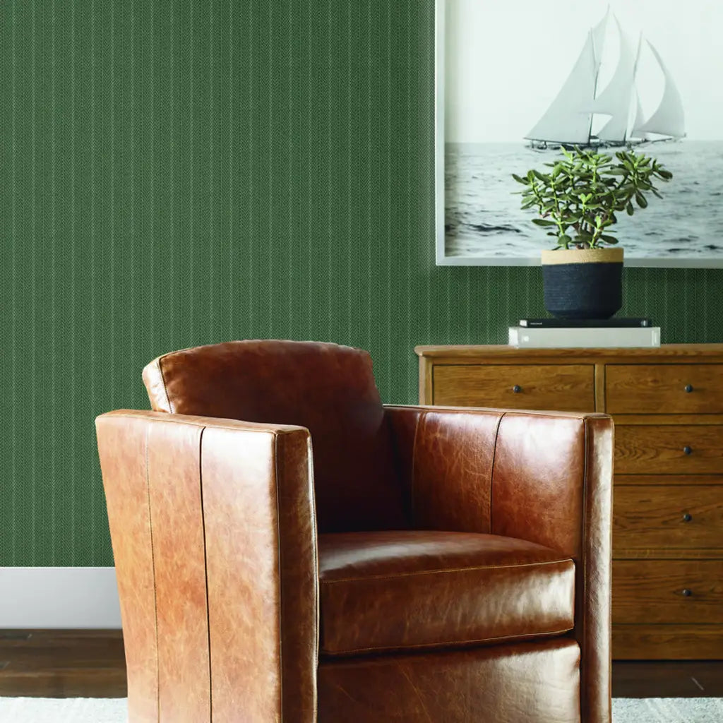Modern living room featuring elegant Elkan Stripe wallpaper in Green and Tan by York Wallcoverings.