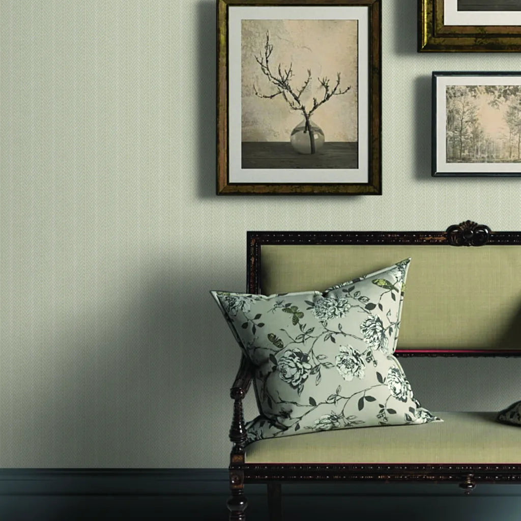 Elkan Stripe wallpaper in Warm Beige by York Wallcoverings highlights this stylish living room design.