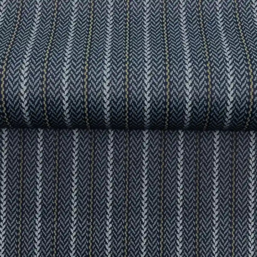 Close-up texture of York Wallcoverings' Elkan Stripe wallpaper in Navy Blue, highlighting its fine linear pattern.