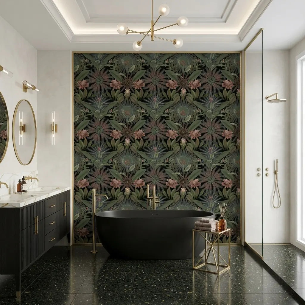 Bathroom - Elegant bathroom with "Enchanted Garden" wallpaper in Dark Green and Blush by York Wallcoverings.