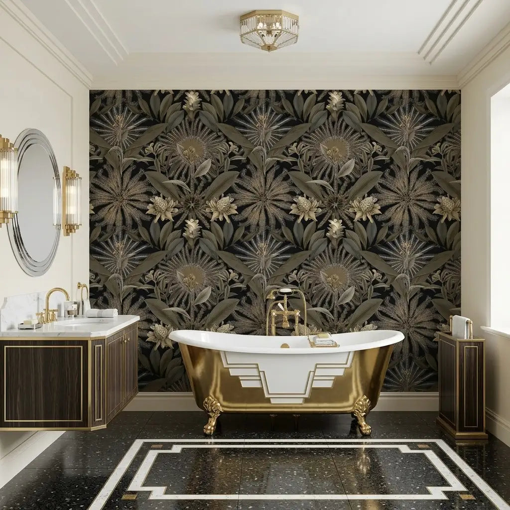 Bathroom - Elegant bathroom with "Enchanted Garden" wallpaper in Black and Gold by York Wallcoverings.