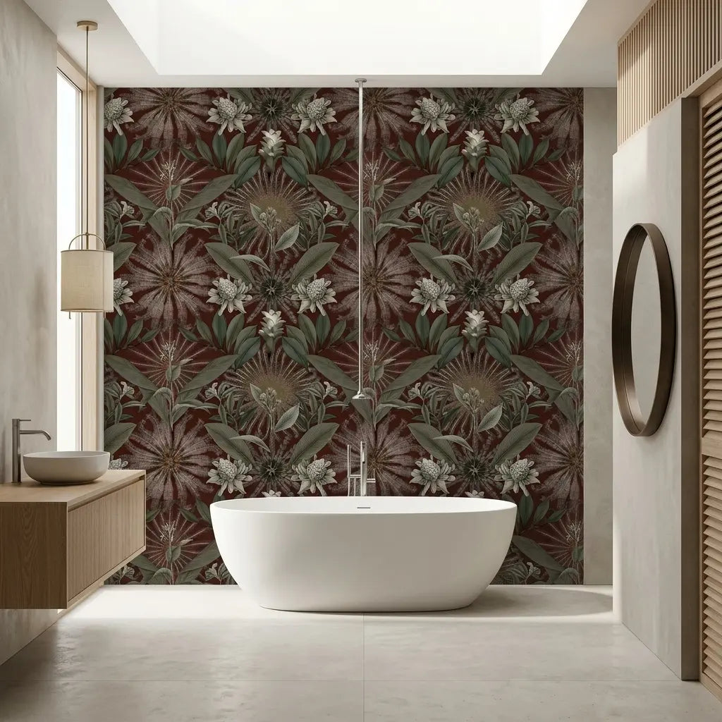 Bathroom - Elegant design with 'Enchanted Garden' wallpaper in Oxblood and Green by York Wallcoverings, creating a luxurious botanical retreat.