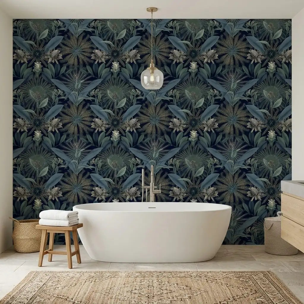 Bathroom - Enchanted Garden wallpaper by York Wallcoverings in Navy Blue and Teal transforms this bathroom into a tranquil escape.