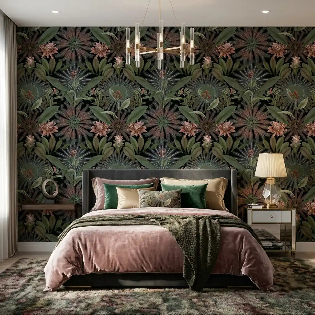 Bedroom - Enchanted Garden wallpaper in Dark Green & Blush by York Wallcoverings creates a serene, stylish space.