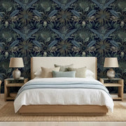Bedroom - Enchanted Garden navy blue & teal wallpaper by York Wallcoverings creates a serene, stylish retreat.