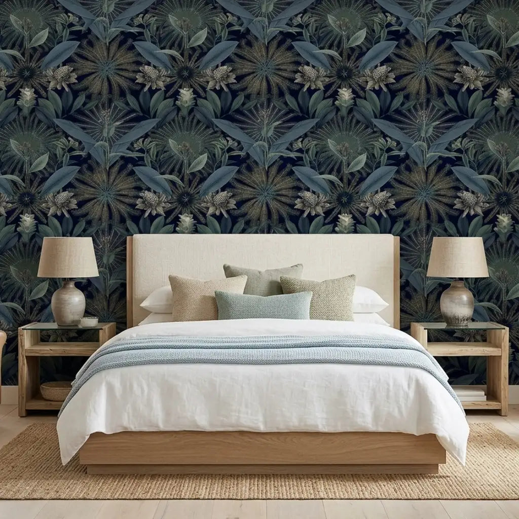 Bedroom - Enchanted Garden navy blue & teal wallpaper by York Wallcoverings creates a serene, stylish retreat.