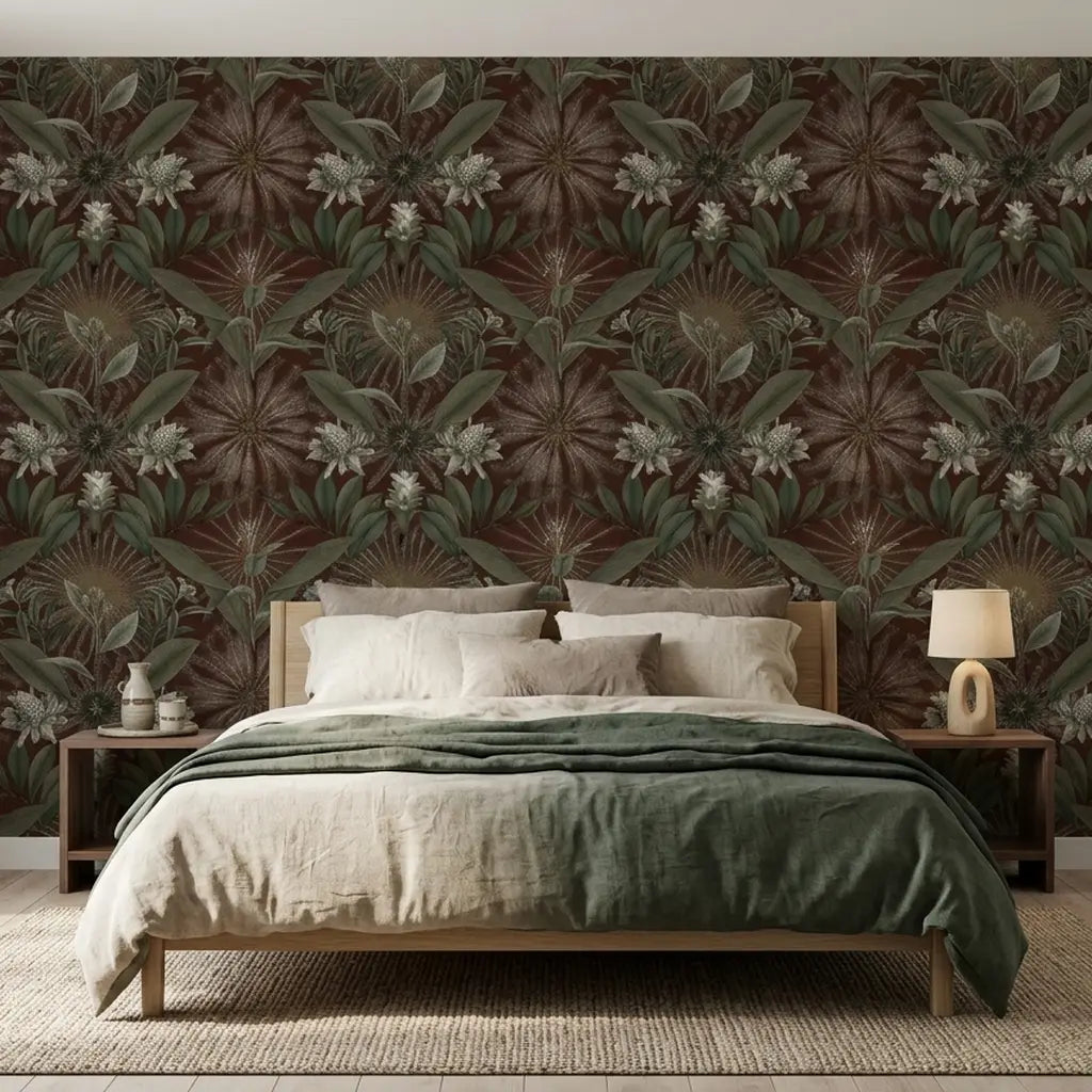 Bedroom - Elegant room featuring York Wallcoverings "Enchanted Garden" wallpaper in a stunning Oxblood and Green floral.