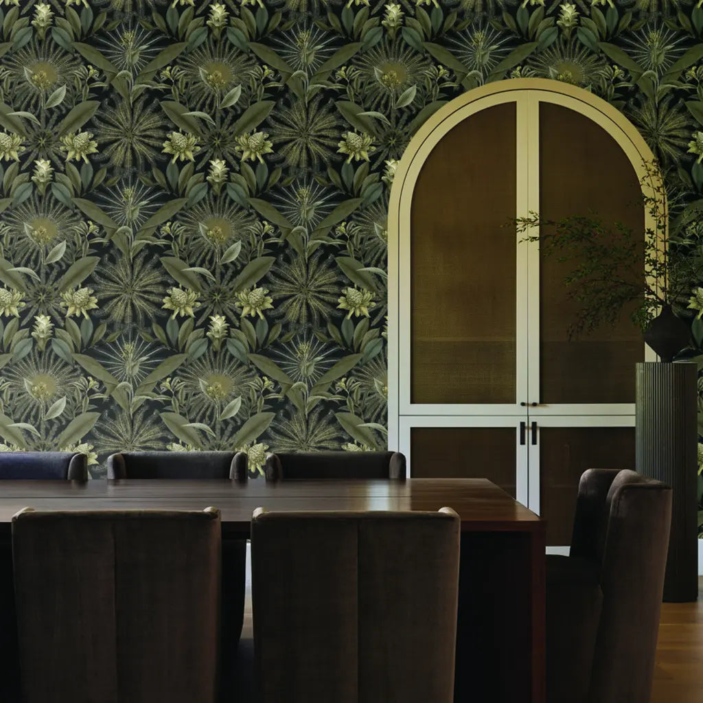Elegant dining room with stunning 'Enchanted Garden' wallpaper in Black and Gold by York Wallcoverings, creating a sophisticated ambiance.