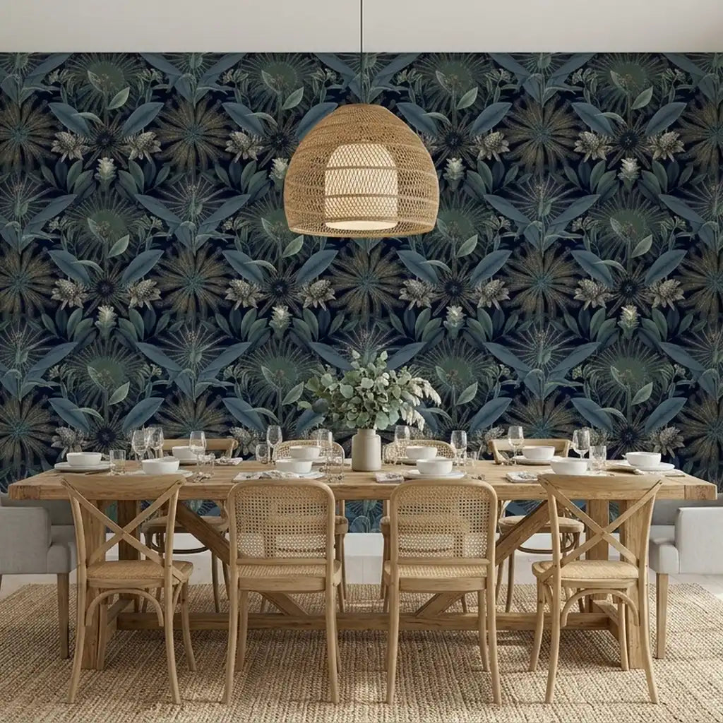 Dining Room - Luxurious dining room featuring 'Enchanted Garden' wallpaper in stunning Navy Blue and Teal by York Wallcoverings.