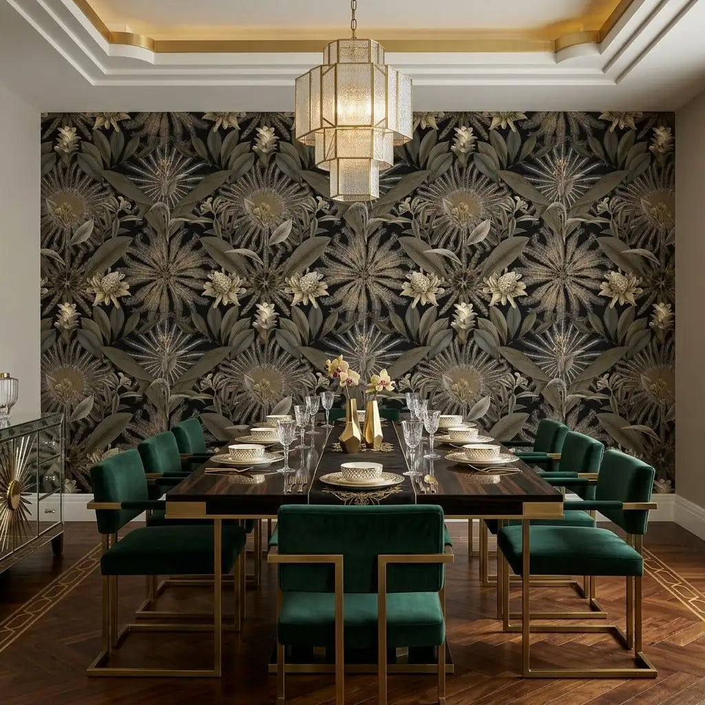 Dining Room - Features "Enchanted Garden" wallpaper in black and gold by York Wallcoverings, creating a luxurious atmosphere.