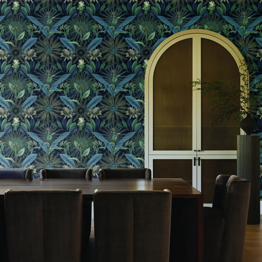 Elegant dining room featuring York Wallcoverings' Enchanted Garden wallpaper in rich Navy Blue and Teal, creating a serene atmosphere.