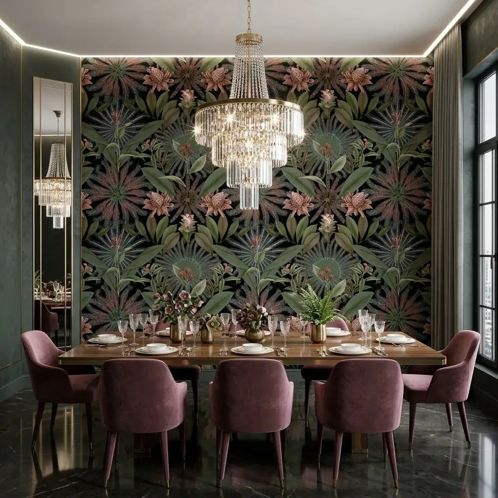 Dining Room - Features "Enchanted Garden" wallpaper in Dark Green and Blush by York Wallcoverings, creating a magical dining experience.