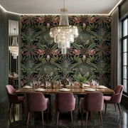 Dining Room - Features "Enchanted Garden" wallpaper in Dark Green and Blush by York Wallcoverings, creating a magical dining experience.