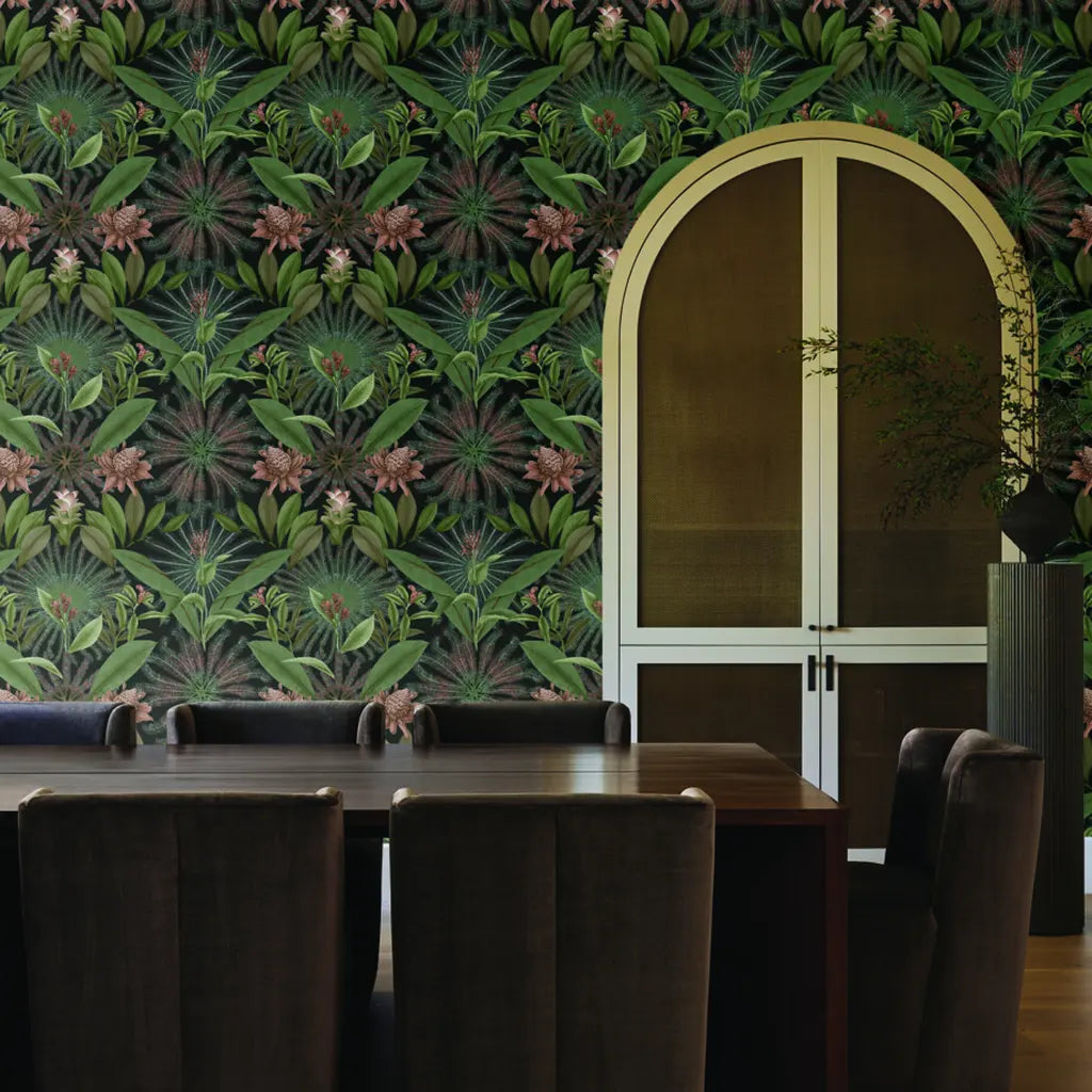 Dining room featuring "Enchanted Garden" wallpaper in Dark Green & Blush by York Wallcoverings.