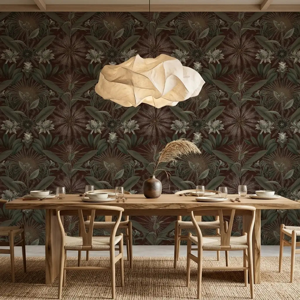 Dining Room - Luxurious dining room showcasing York Wallcoverings' Enchanted Garden wallpaper in captivating Oxblood and Green.