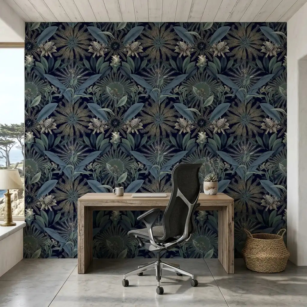 Home Office - Enchanted Garden wallpaper in Navy Blue and Teal by York Wallcoverings creates a serene and stylish workspace.