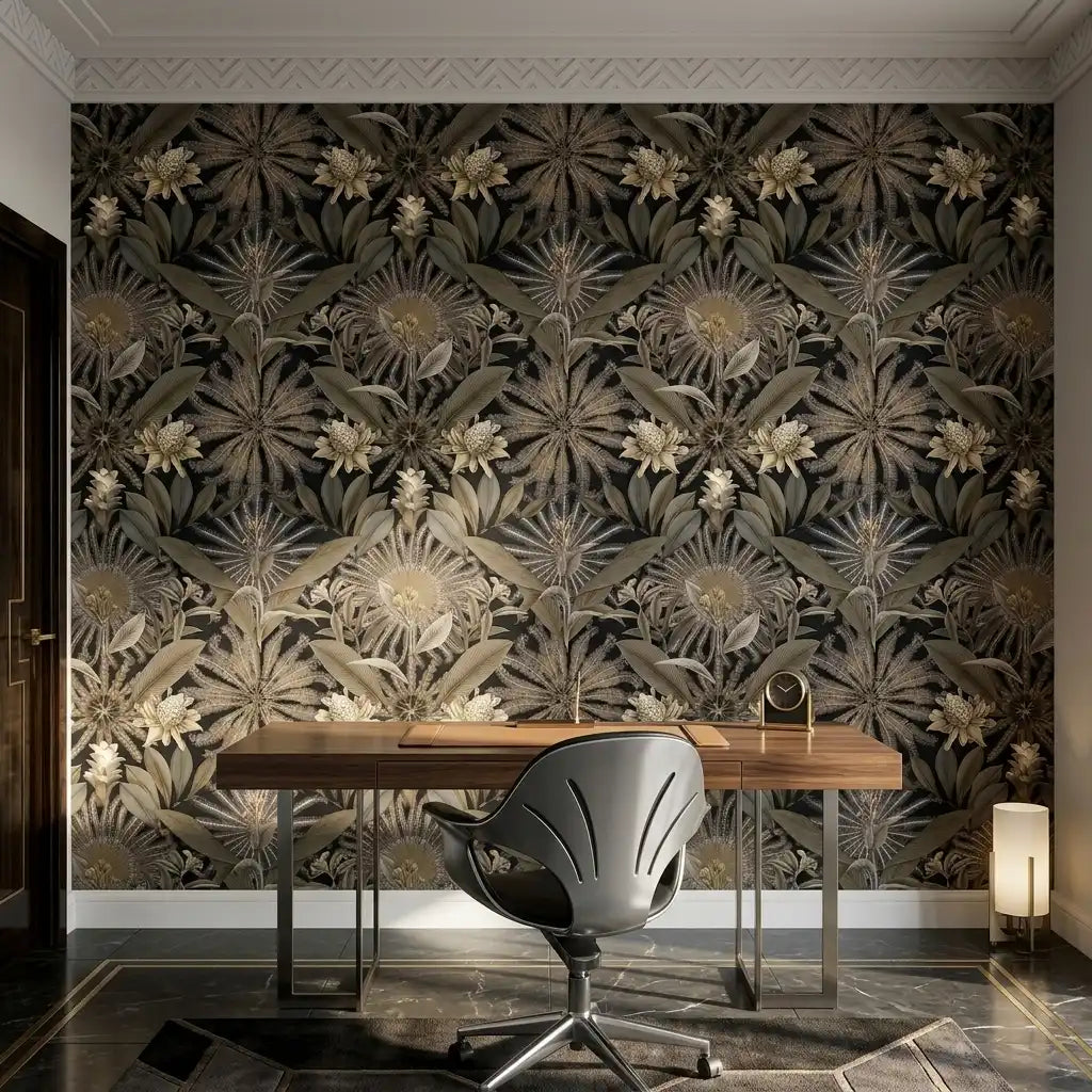 Home Office - Luxurious Black and Gold "Enchanted Garden" wallpaper by York Wallcoverings creates an elegant and inspiring workspace.