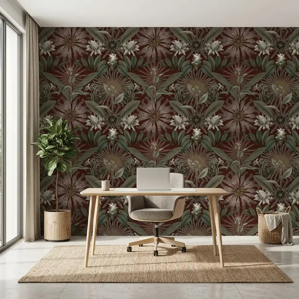 Home Office - Elegant home office with "Enchanted Garden" wallpaper in rich Oxblood & Green by York Wallcoverings.