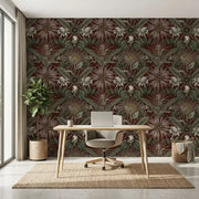 Home Office - Elegant home office with "Enchanted Garden" wallpaper in rich Oxblood & Green by York Wallcoverings.