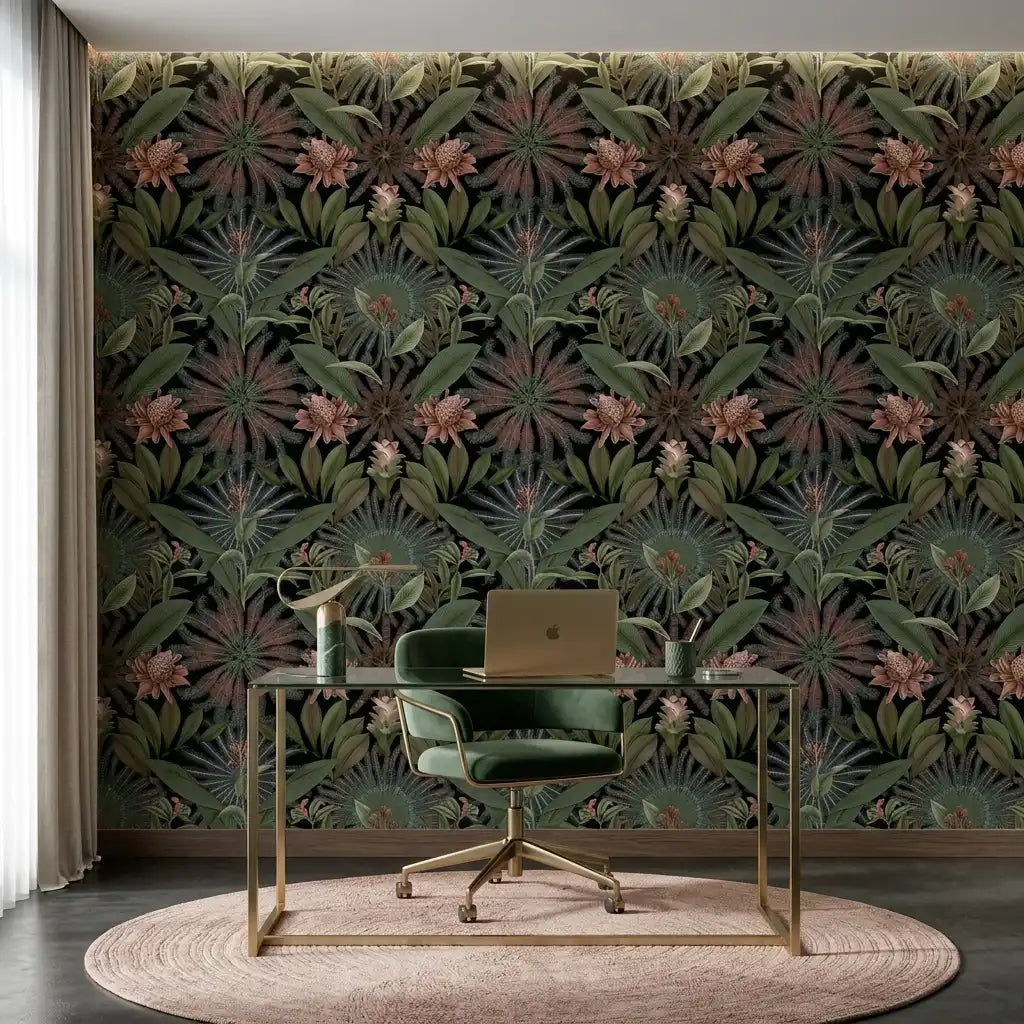 Home Office - Enchanted Garden dark green & blush York Wallcoverings wallpaper creates a beautiful, inspiring workspace.