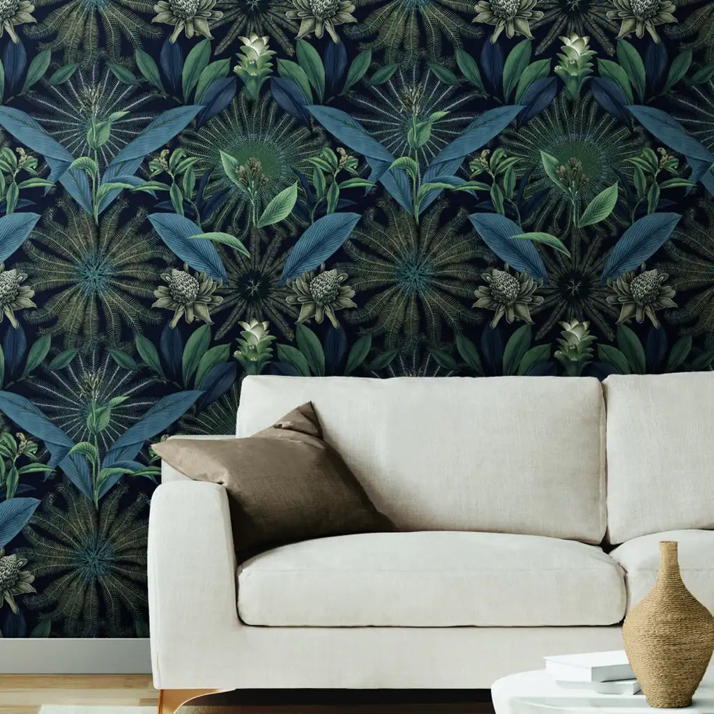 Living room with stunning Enchanted Garden wallpaper by York Wallcoverings, featuring elegant Navy Blue and Teal botanical design.