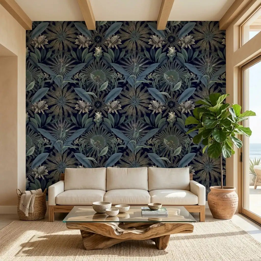 Living Room - Enchanted Garden wallpaper by York Wallcoverings in stunning Navy Blue and Teal creates a serene space.