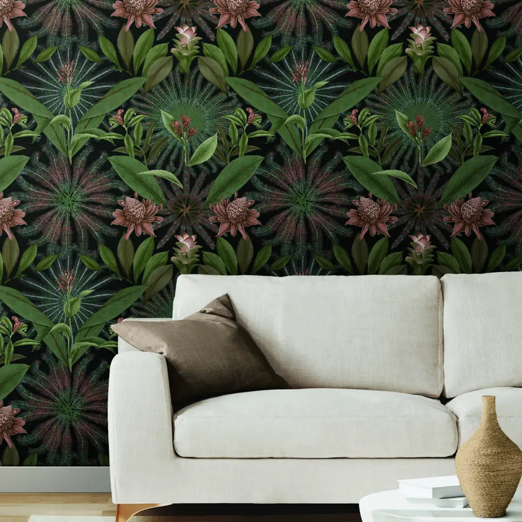Living room with stunning 'Enchanted Garden' wallpaper by York Wallcoverings, featuring elegant Dark Green and Blush tones.