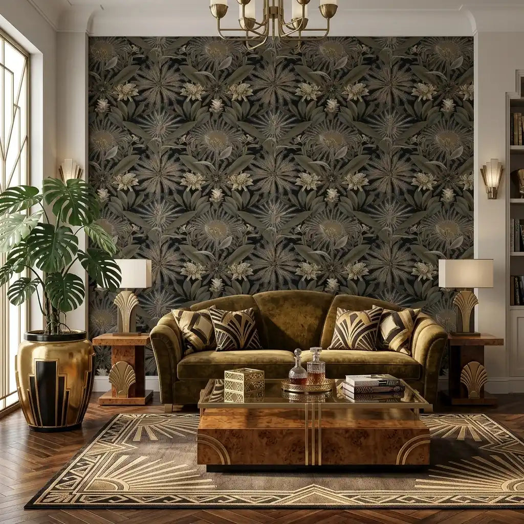 Living Room - Black and Gold 'Enchanted Garden' wallpaper by York Wallcoverings transforms this luxurious living space with botanical beauty.