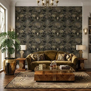 Living Room - Black and Gold 'Enchanted Garden' wallpaper by York Wallcoverings transforms this luxurious living space with botanical beauty.