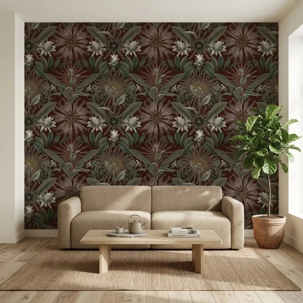 Living Room - Enchanted Garden wallpaper in Oxblood and Green by York Wallcoverings creates a luxurious, nature-inspired space.