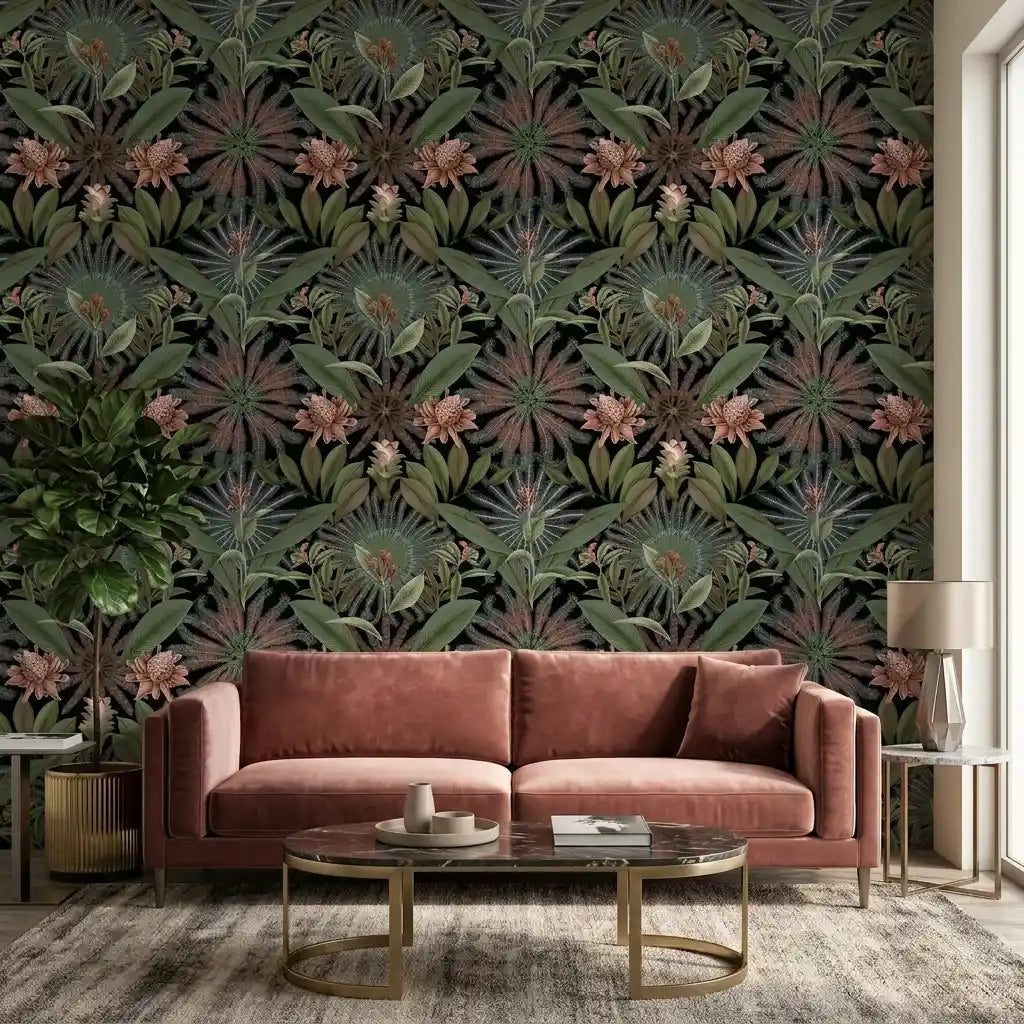 Living Room - Enchanted Garden wallpaper by York Wallcoverings in Dark Green and Blush creates a stylish, inviting space.