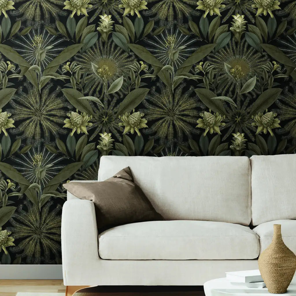 A luxurious living room showcases York Wallcoverings' Black and Gold 'Enchanted Garden' wallpaper, creating an elegant space.