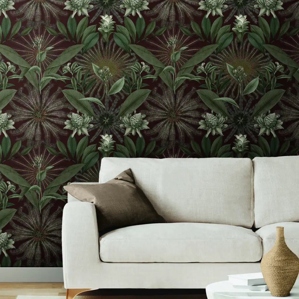 Living room with stunning "Enchanted Garden" wallpaper in Oxblood and Green by York Wallcoverings, creating a luxurious atmosphere.